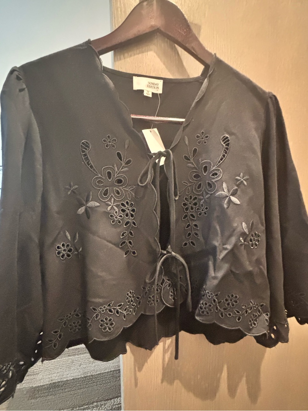 Sunday Best Black Embroidered Tie-Front Shrug